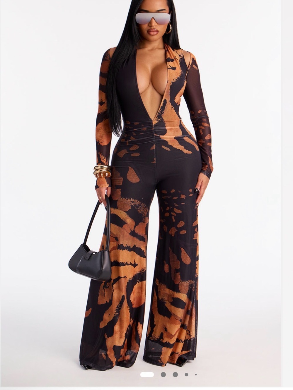 Plunging Long-Sleeve Wide-Leg Jumpsuit in Black & Brown Print
